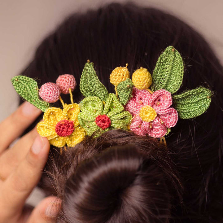 Handmade Crochet Guncha Colored Geraniums Hair Comb Pin