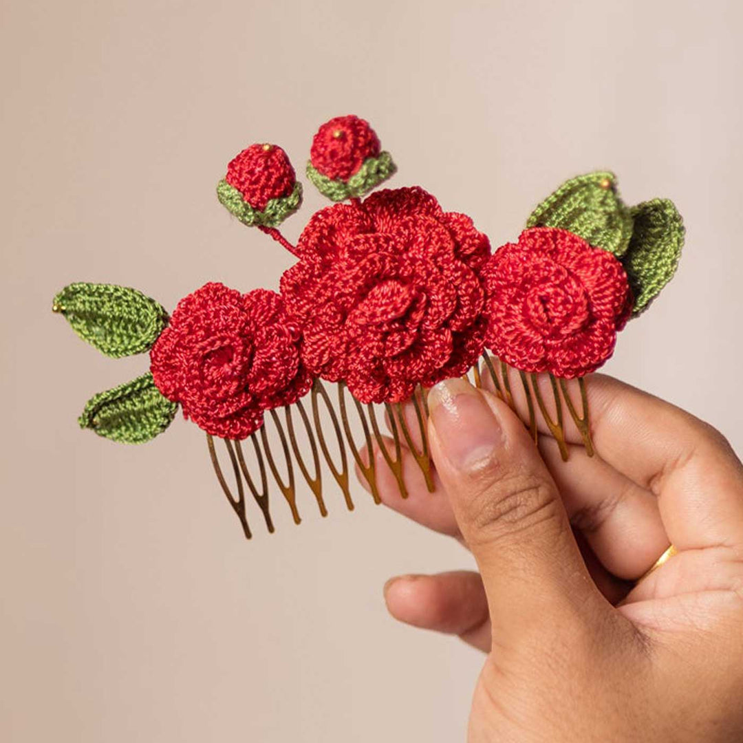 Handmade Crochet Guncha Red Camelias Hair Comb Pin