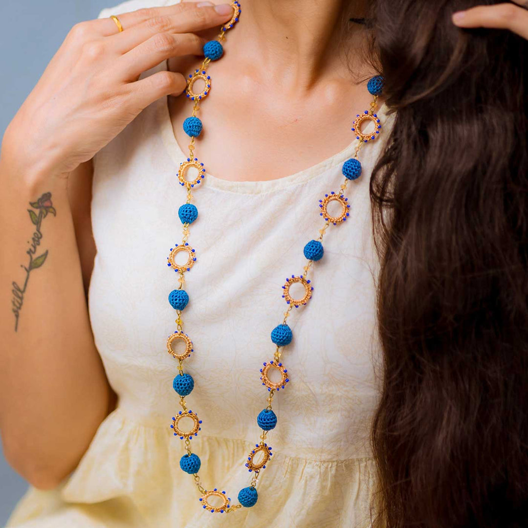 Handmade Crochet Cobalt Blue Metallic Cheer Necklace