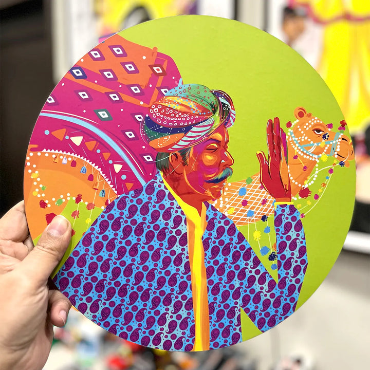Printed Round Rajasthani Singer Theme MDF Wood Wall Decor