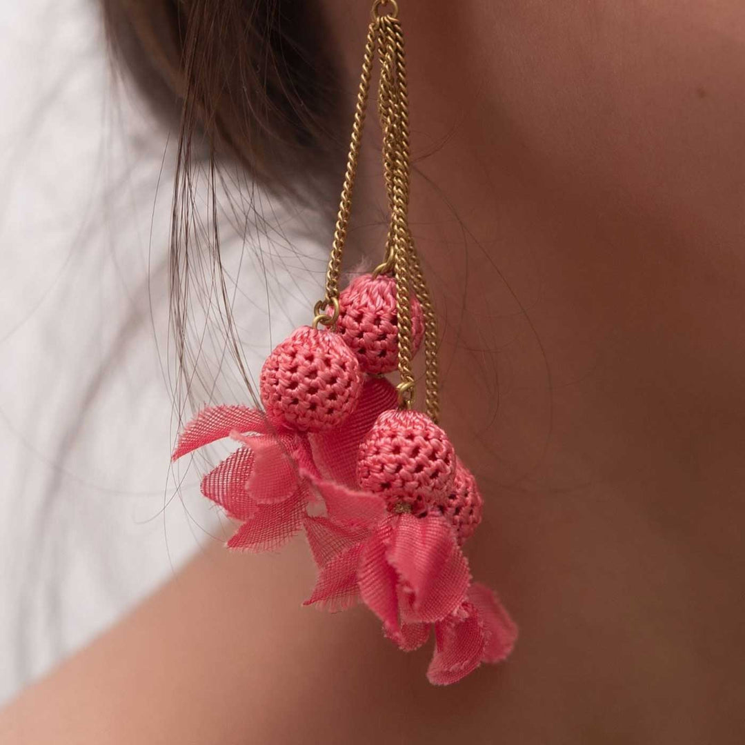 Handmade Crochet Pink Floral Viscose Thread Swing Earrings