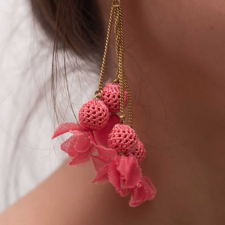 Handmade Crochet Pink Floral Viscose Thread Swing Earrings