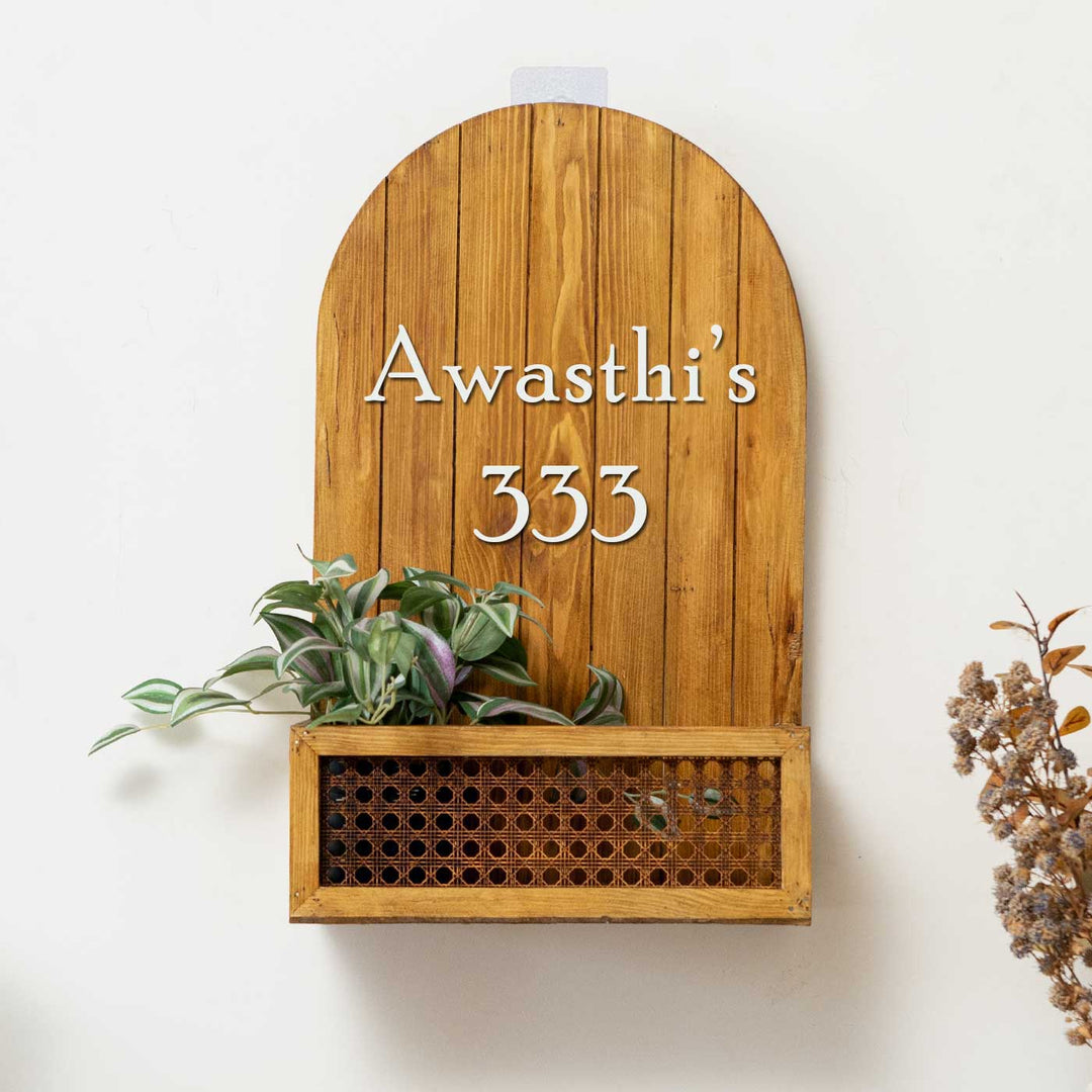 Personalized Boho Rattan Weave & Solid Wood Planter Name Plate With 3D Letters