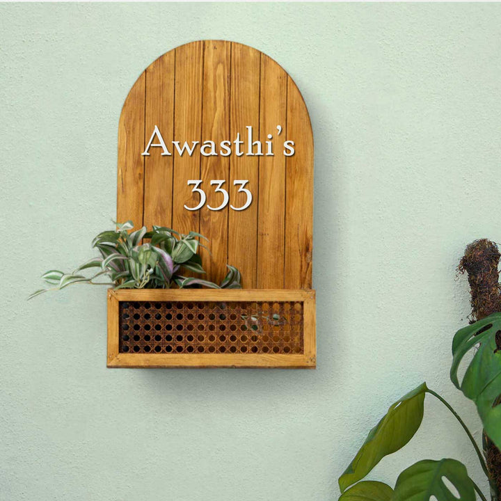 Personalized Boho Rattan Weave & Solid Wood Planter Name Plate With 3D Letters
