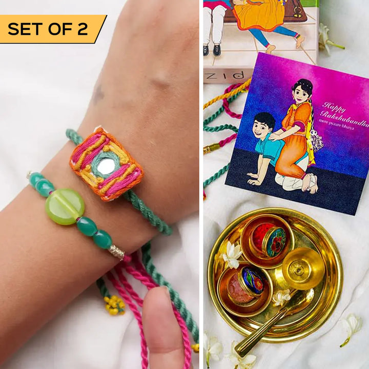 2 pc Rakhi + Brass Thali Set | Premium Litchi Beaded & Mirror Work Rakhi Set with Roli Chawal