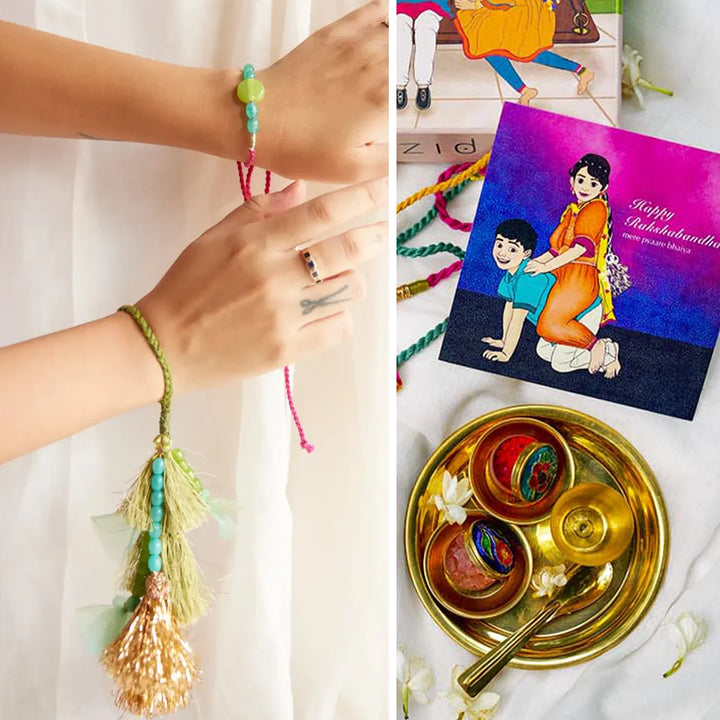 Rakhi & Lumba + Brass Thali Set | Premium Liza Embroidered Green & Golden Tassels Bhaiya Bhabhi Rakhi Set with Roli Chawal
