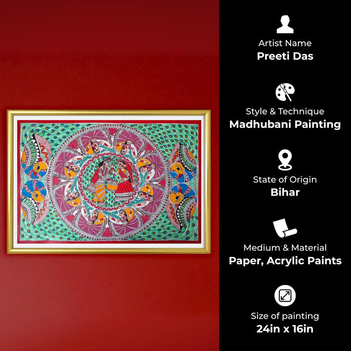 24 x 16 Inch | Radha Krishna Raas | Original Hand Painted Madhubani Painting | Acrylic Paints On Paper