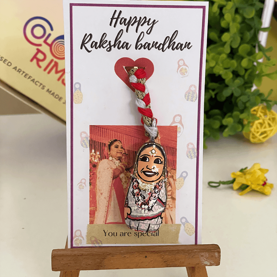 Handpainted Personalized Wooden Character Rakhi - Front View with Display Card