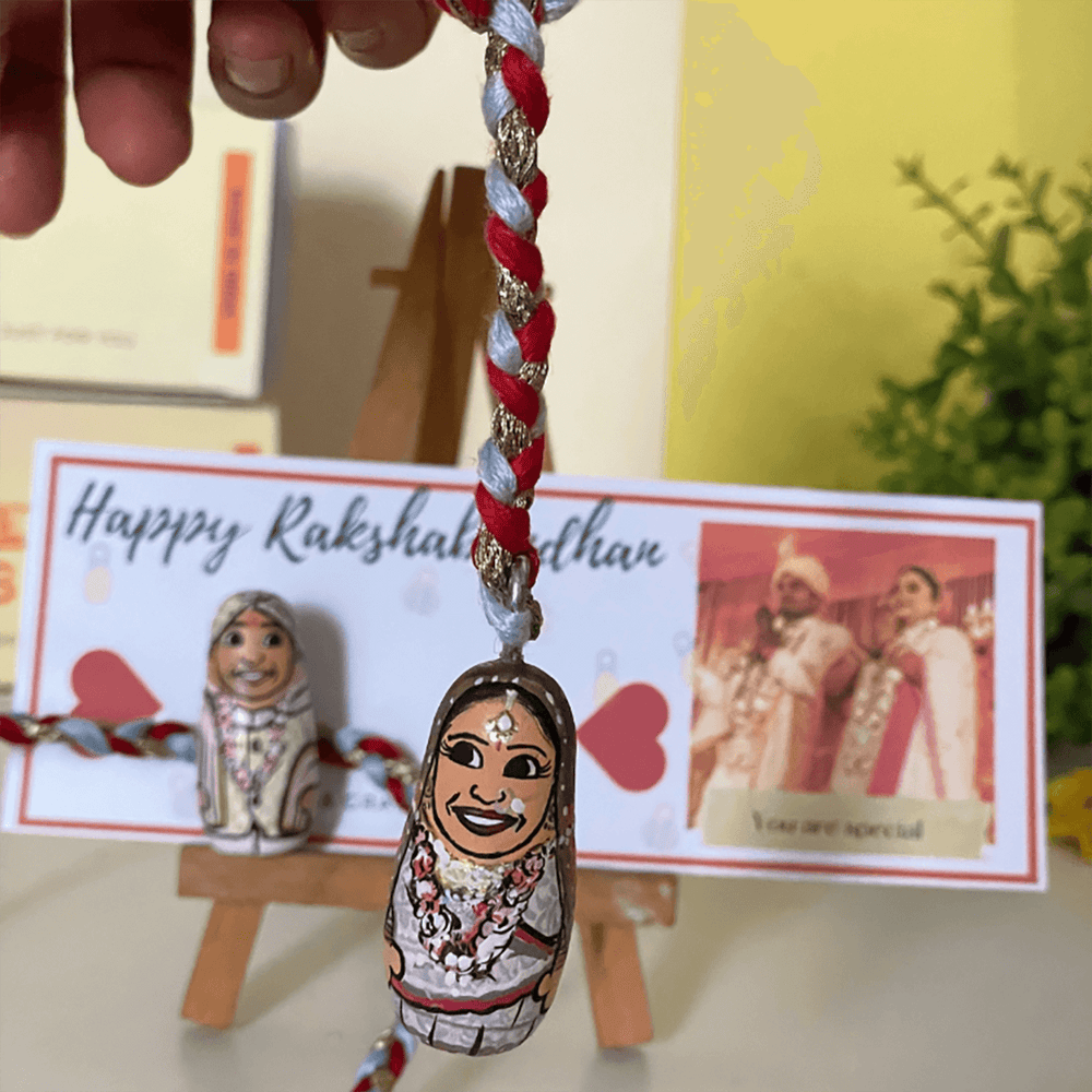 Handpainted Personalized Wooden Character Rakhi - Close-up of Pendant and Thread