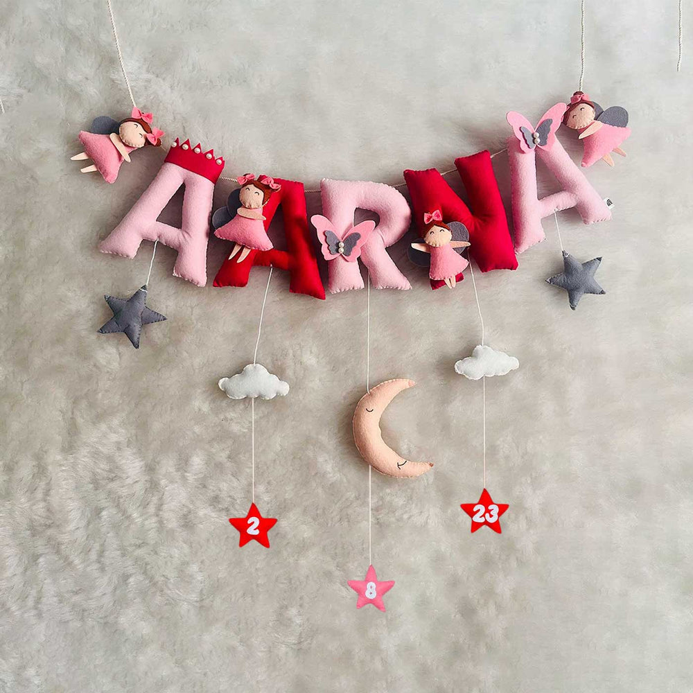 Handcrafted Personalized Fairy Themed Bunting For Kids 1 - Front View Hanging on Wall