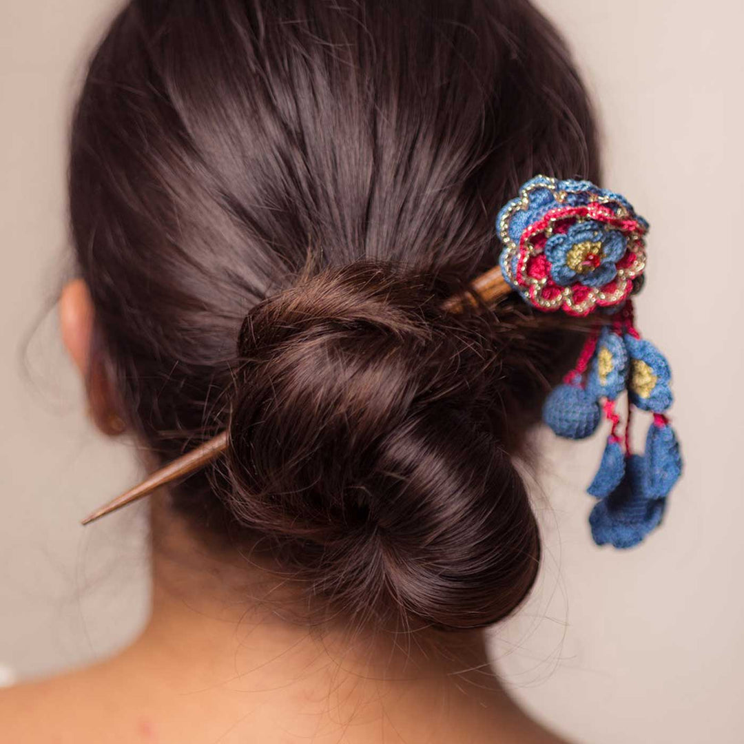 Handmade Crochet Guncha Red Blue Camelia Bunch Hairstick