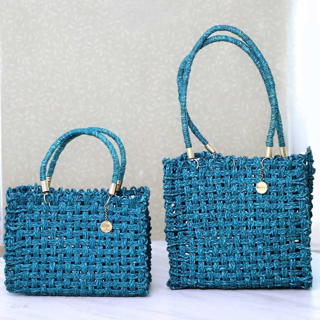 Handmade Grass Woven Vegan Wrapped Rope Handles With Metal Accents Indigo Sabai Mesh Handbag