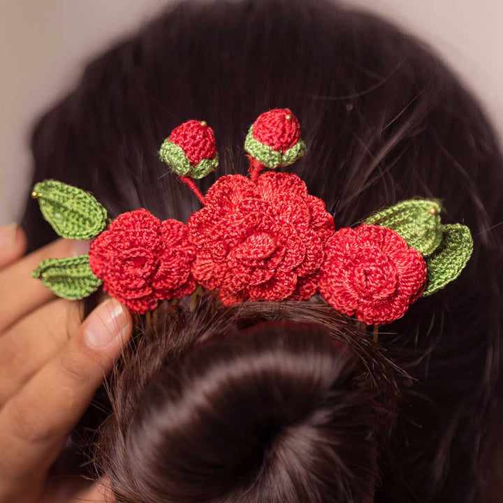 Handmade Crochet Guncha Red Camelias Hair Comb Pin