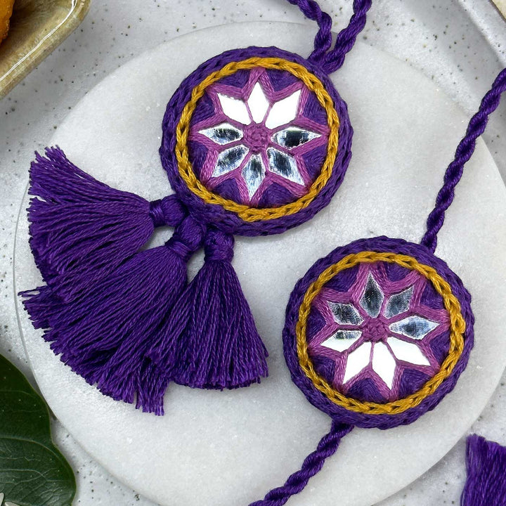 Customized Handmade Mirror Work Cotton Bhaiya Bhabhi Rakhi With Roli Chawal - Front View with Decorative Setup (4)