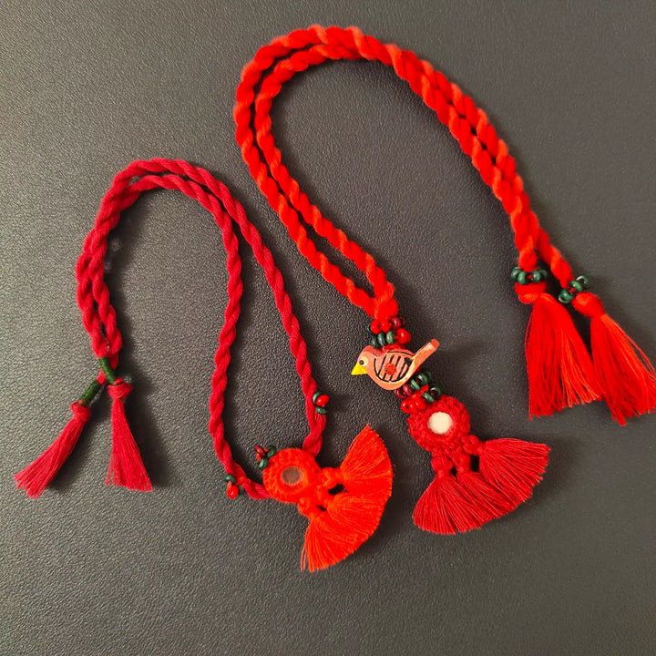 Handmade Mirror Work Bird & Tassels Bhaiya Bhabhi Rakhi With Roli Chawal