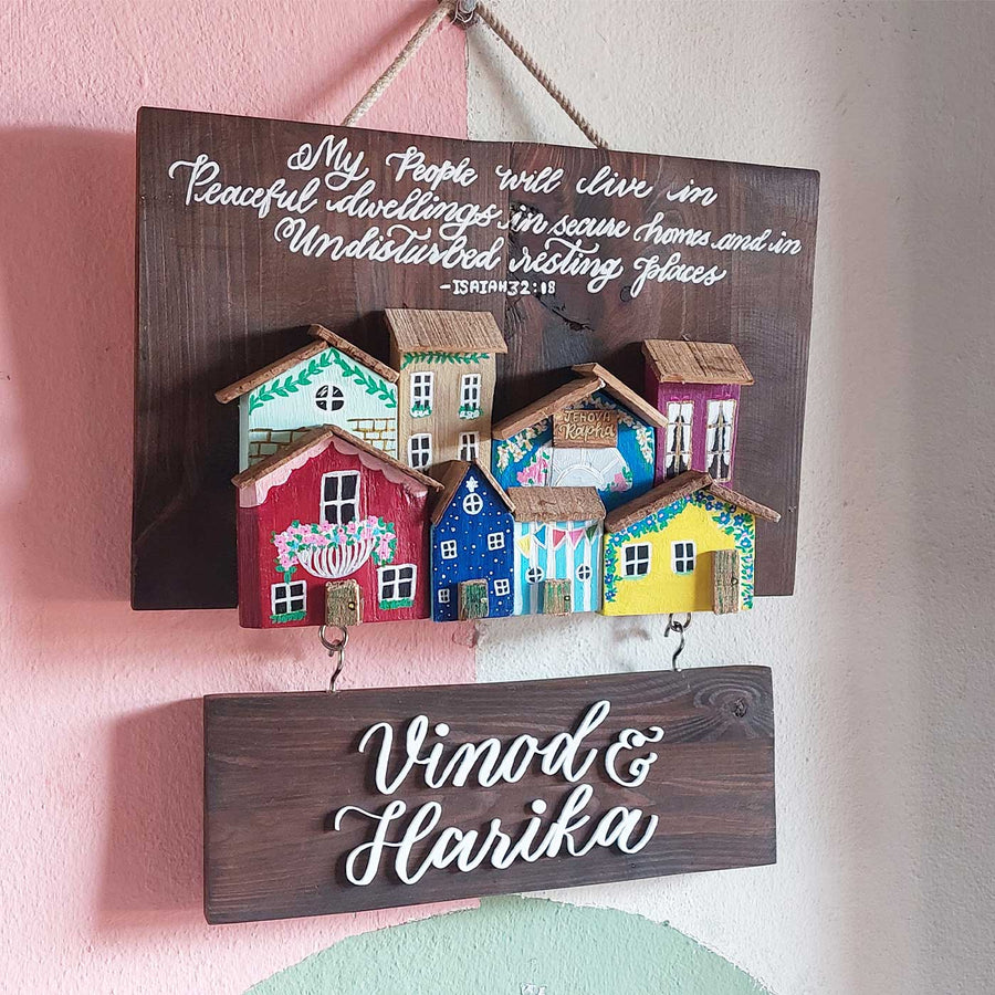 Personalized Houses Theme Pine Wood Name Plate - Hanging Wall Sign with Personalization