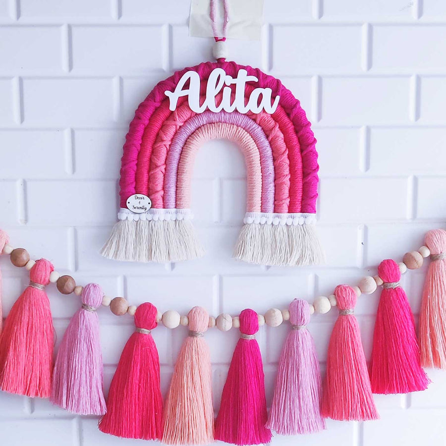 Personalized Handmade Macrame Pink Rainbow Kids Name Plate And Bunting Combo With 3D Letters - Hanging with Personalized Name Tag