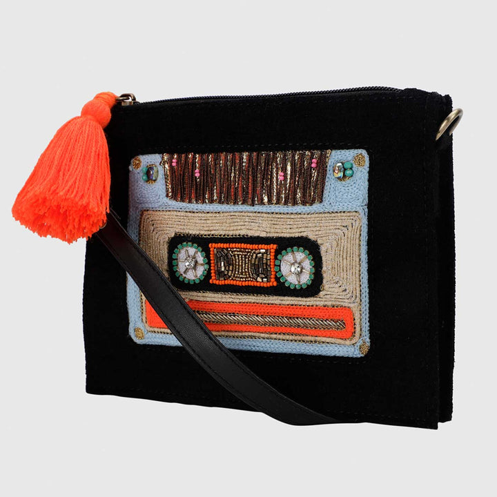 Handmade Embroidered Cassatte Design Black Velvet Sling Bag