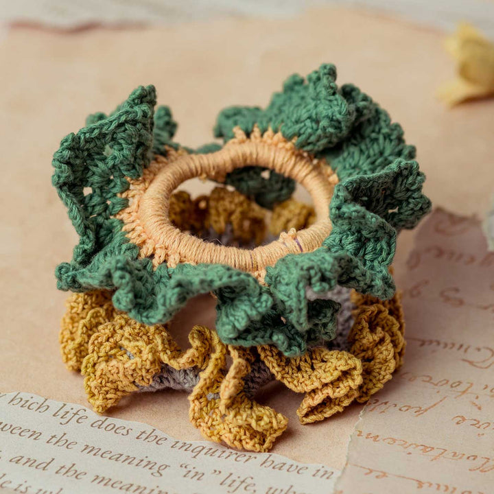 Handmade Crochet Guncha Mustard Green Cluster Scrunchie | Set Of 2