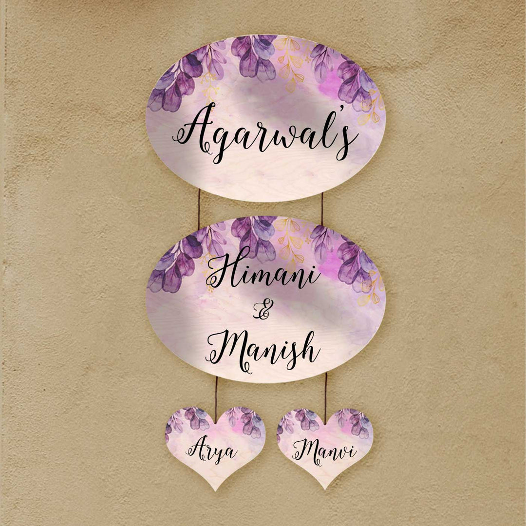 Printed Purple Spring Floral Wooden Oval Nameplate - Hanging Wall Decoration Front View