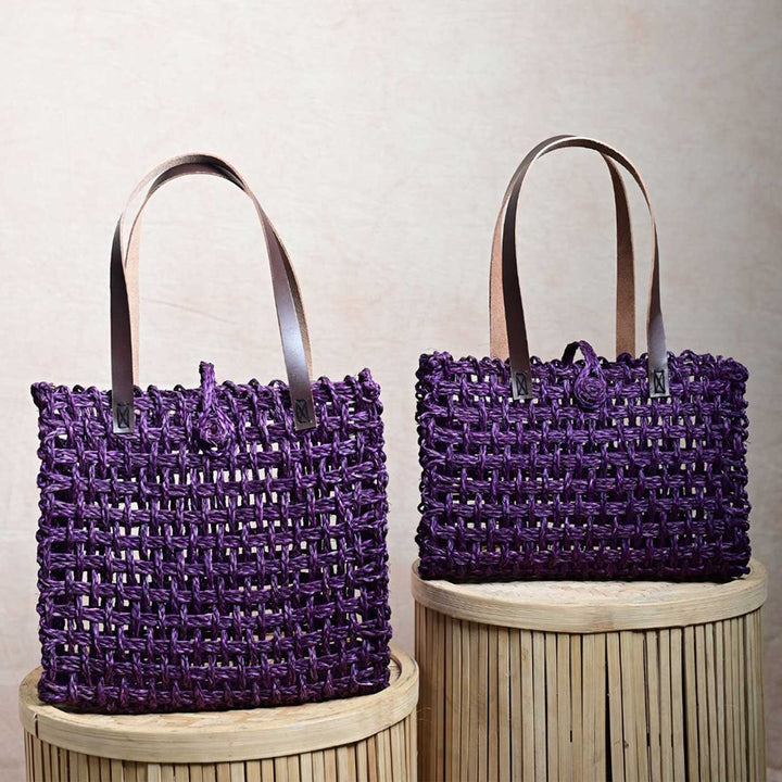 Handmade Grass Woven Leather Strap Box Shaped Lavender Sabai Mesh Tote Bag