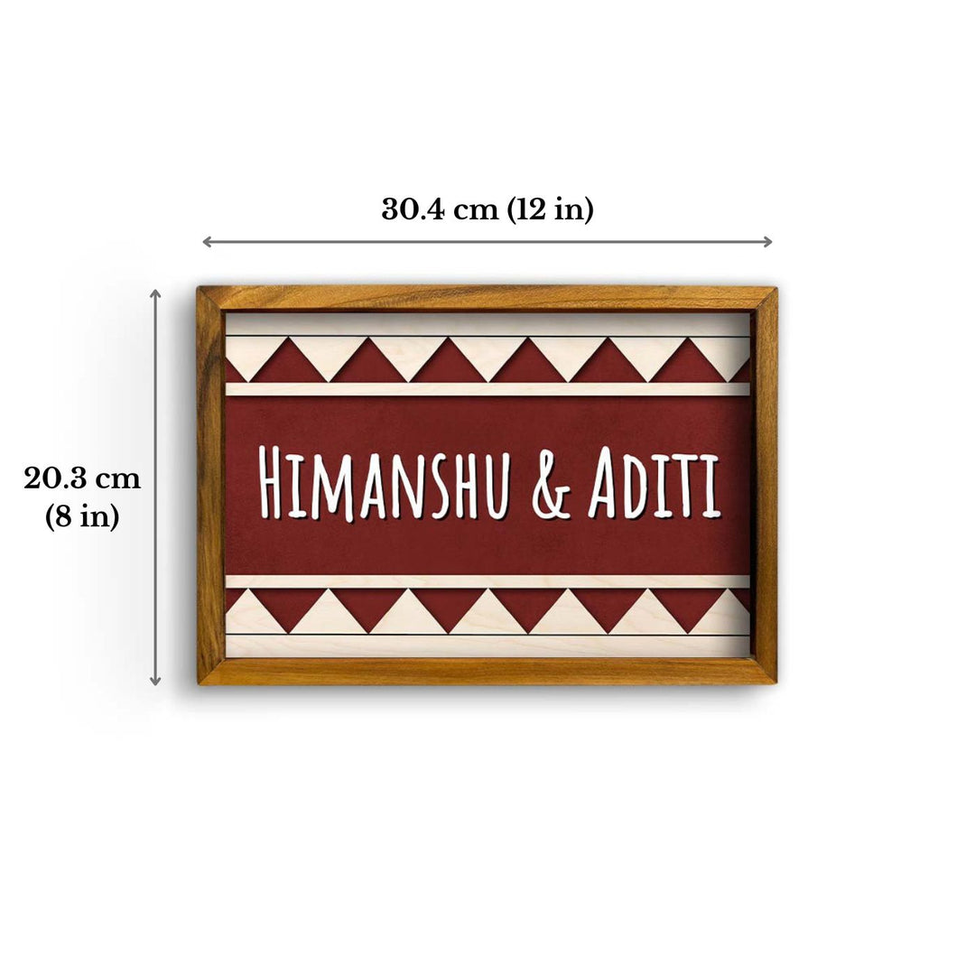Wooden Personalized Framed Couples Nameplate - Front View with Dimensions