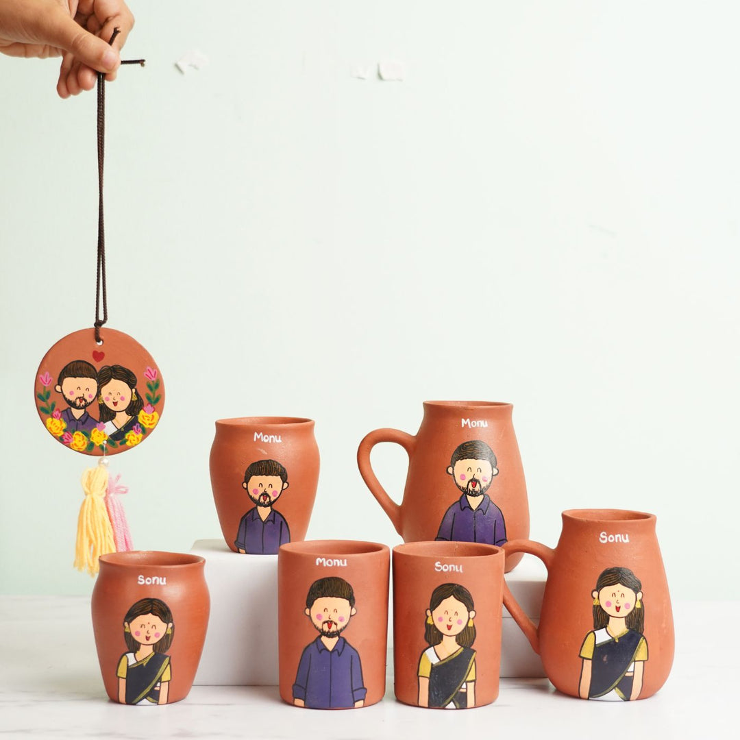 Photo Personalized Hand-painted Terracotta Drinkware Set for Couples I Set of 6 + Freebie