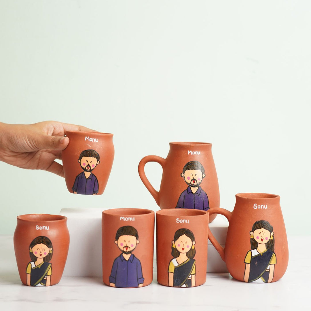 Photo Personalized Hand-painted Terracotta Drinkware Set for Couples I Set of 6 + Freebie