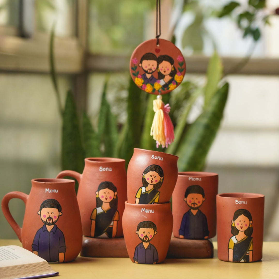 Photo Personalized Hand-painted Terracotta Drinkware Set for Couples I Set of 6 + Freebie