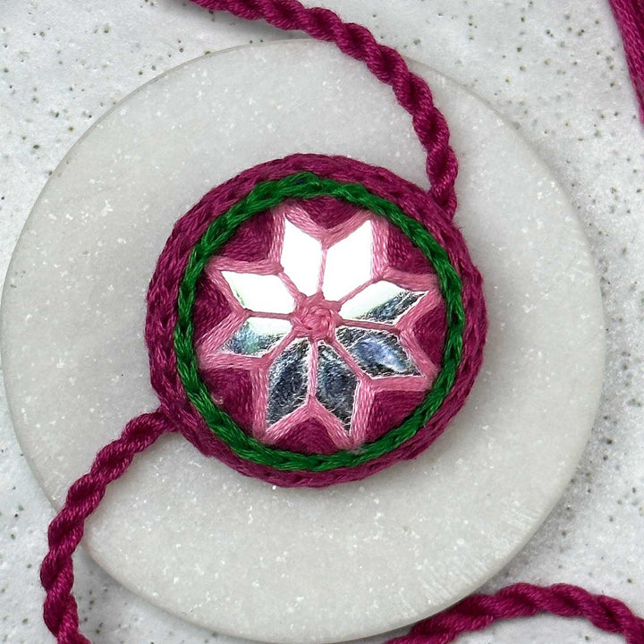 Customized Handmade Mirror Work Cotton Rakhi With Roli Chawal - Close-up Front View