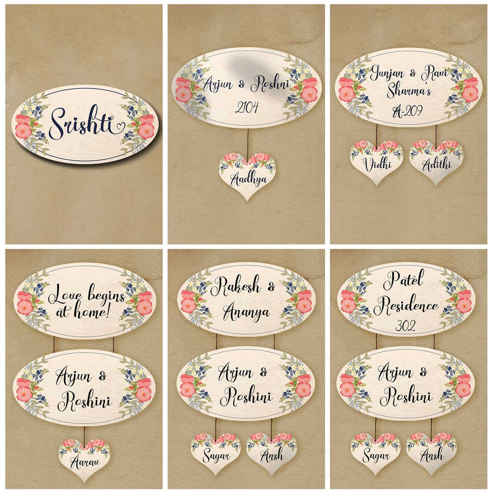 Printed White Floral Wooden Oval Nameplate For Couples - Multiple Name Personalization Examples