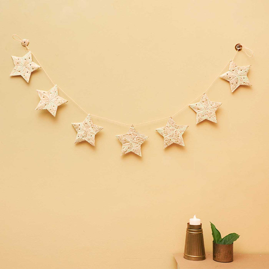 Handmade Paper Anokhi Sea Foam Star Bunting - Hung Decor Hanging on Wall