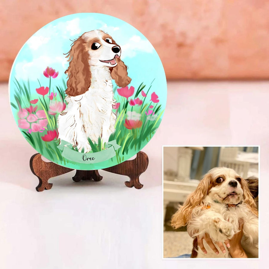 Photo Caricature Nameplate With Stand For Pets 5 - Front View with Personalized Illustration