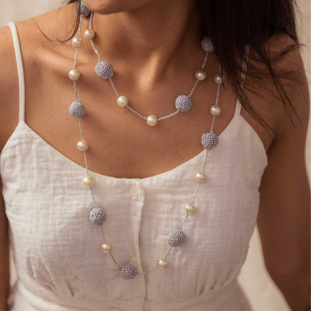 Handmade Crochet Silver Nakshatra Pearl Necklace