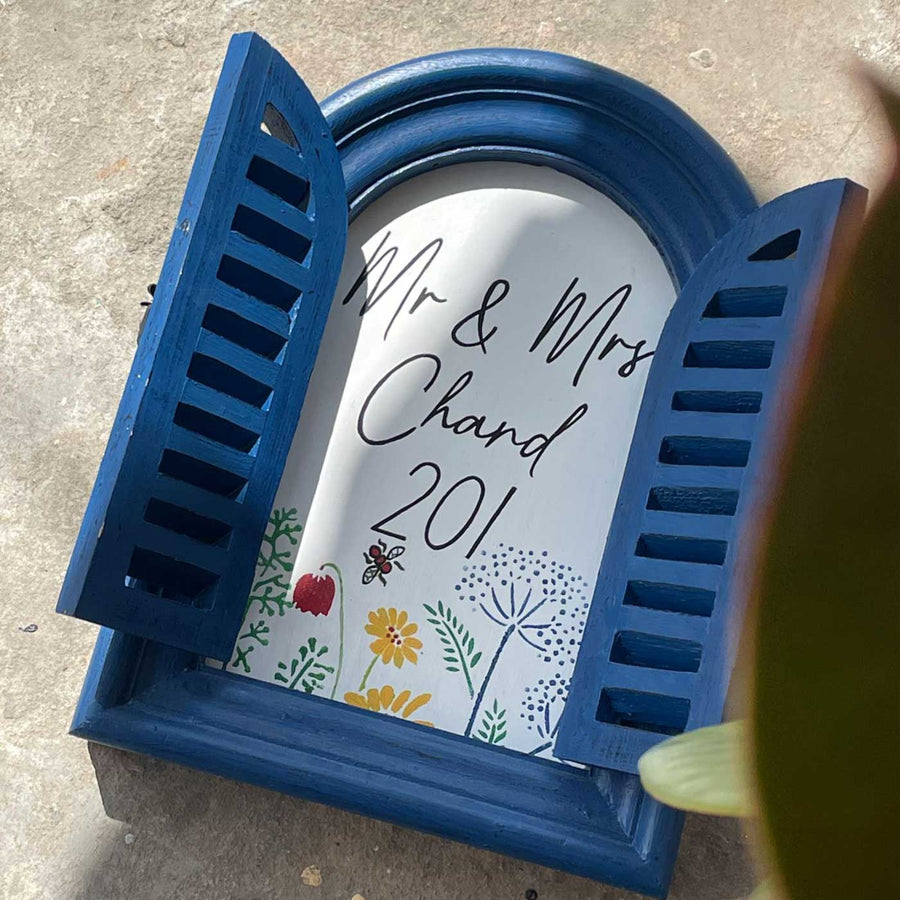 Arched Vintage Window Name Plate With Wild Flowers Copy - Open Shutter View Showing Personalization