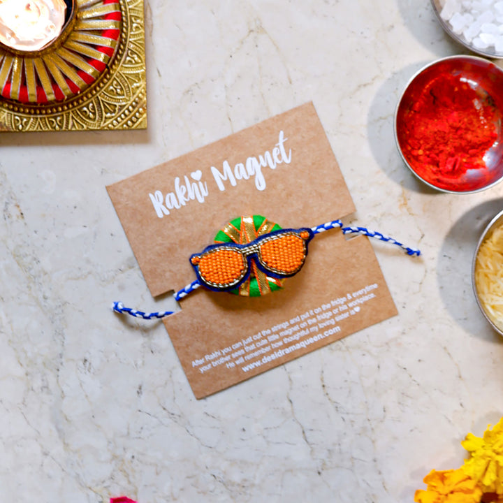 Handmade Reusable Chashma Pom Pom Felt Kids Rakhi - Front View on Branded Card (3)