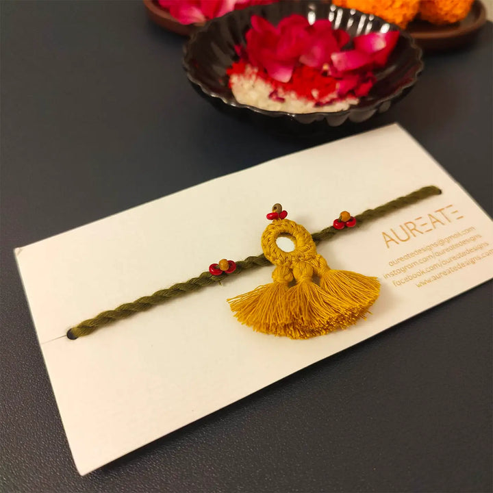 Handmade Mirror Work & Tassels Rakhi With Roli Chawal