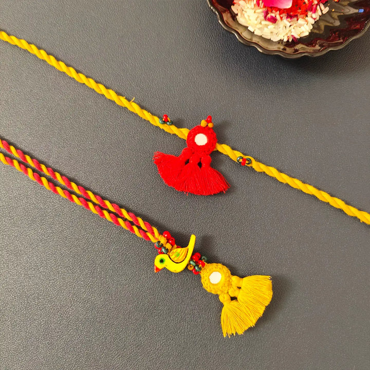 Handmade Mirror Work Bird & Tassels Bhaiya Bhabhi Rakhi With Roli Chawal