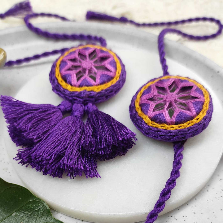 Customized Handmade Mirror Work Cotton Bhaiya Bhabhi Rakhi With Roli Chawal - Front View with Decorative Setup (8)