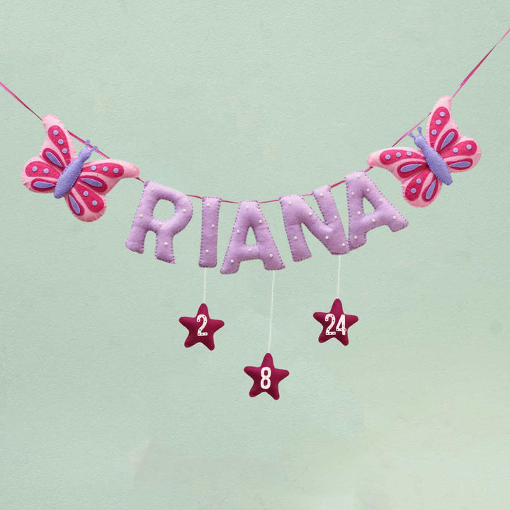 Personalized Handmade Butterfly And Pearl Emblished Felt Bunting - Name Personalization with Hanging Elements