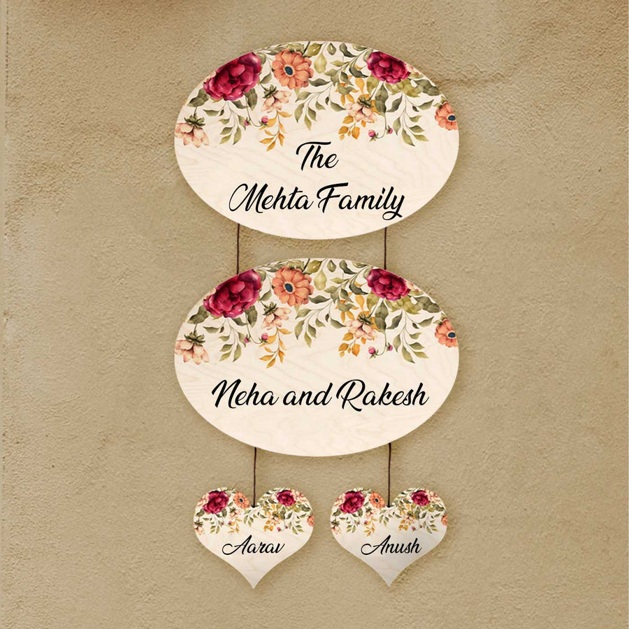 Printed Red And Orange Floral Wooden Oval Nameplate For Family - Hanging on Wall with Personalization