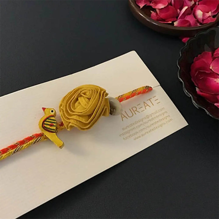 Handmade Yellow Chidiya Rakhi With Roli Chawal
