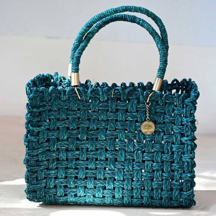 Handmade Grass Woven Vegan Wrapped Rope Handles With Metal Accents Indigo Sabai Mesh Handbag