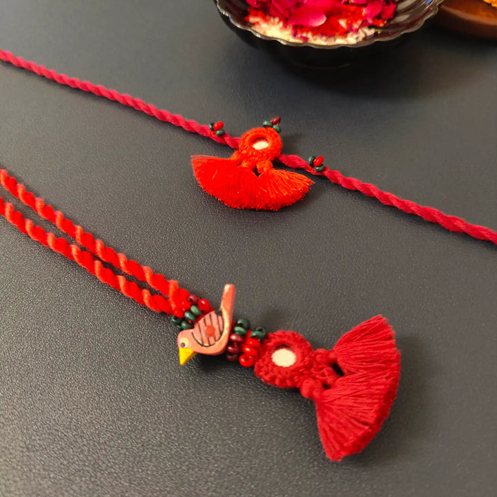 Handmade Mirror Work Bird & Tassels Bhaiya Bhabhi Rakhi With Roli Chawal