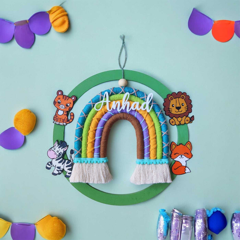Personalized Handmade Macrame Jungle Ring And Rainbow Kids Name Plate With 3D Letters - Front View Hanging with Name Personalization