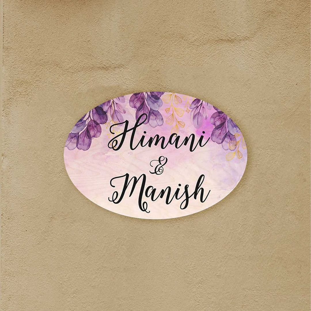 Printed Purple Spring Floral Wooden Oval Nameplate - Front View Mounted on Wall