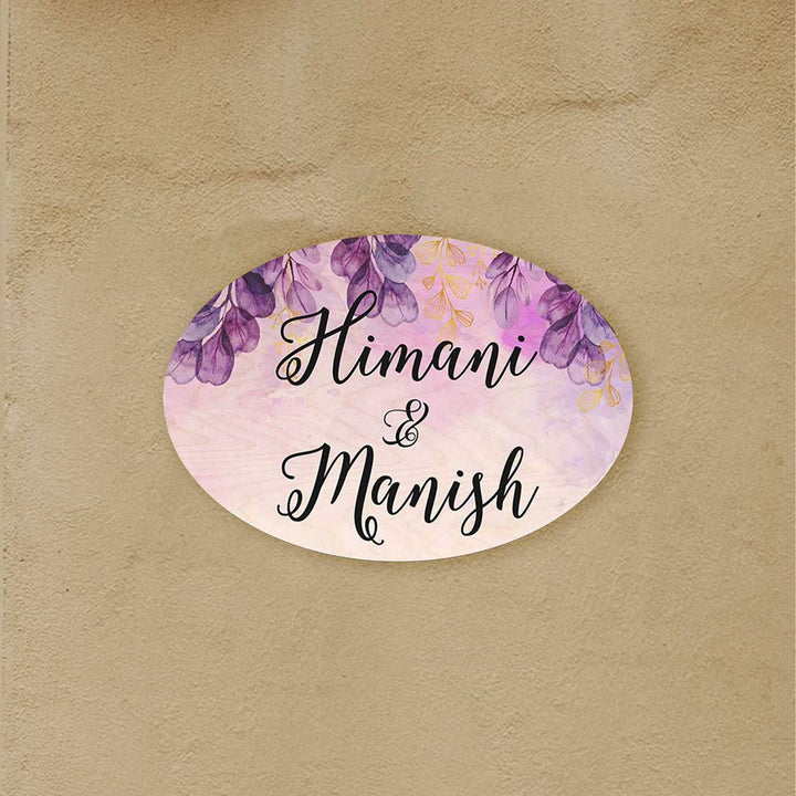 Printed Purple Spring Floral Wooden Oval Nameplate - Front View Mounted on Wall