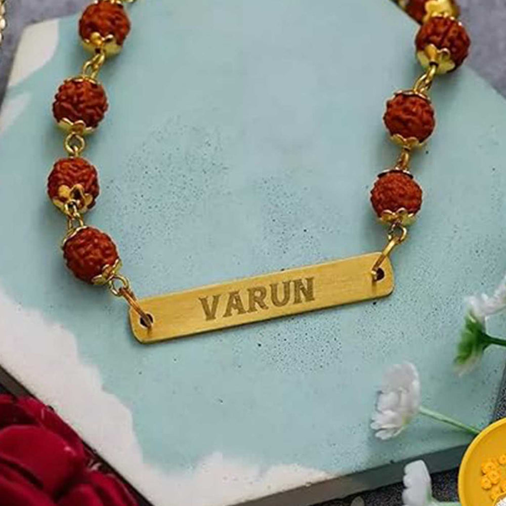 Personalized Handmade Religious Rudraksh Bracelet Rakhi - Front View on Decorative Board