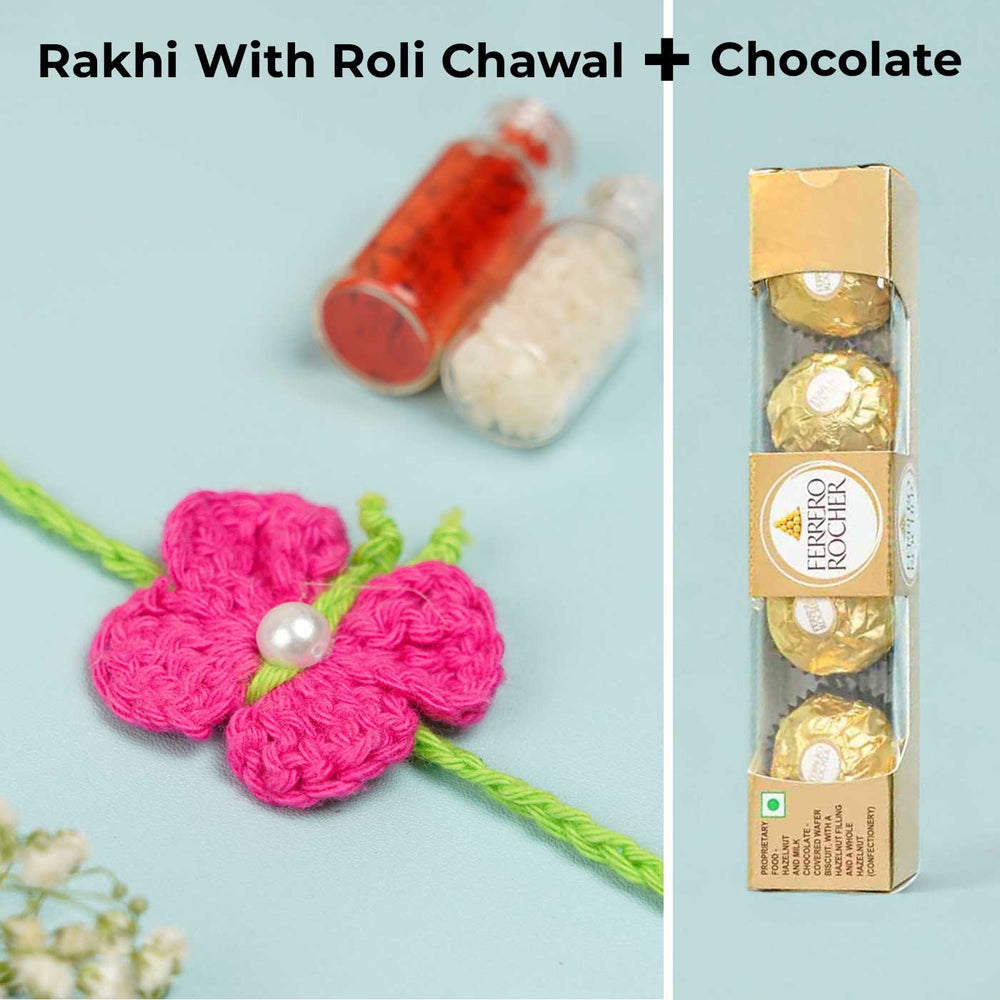 Handmade Crochet Butterfly Theme Rakhi With Roli Chawal - Rakhi with Roli Chawal and Chocolate