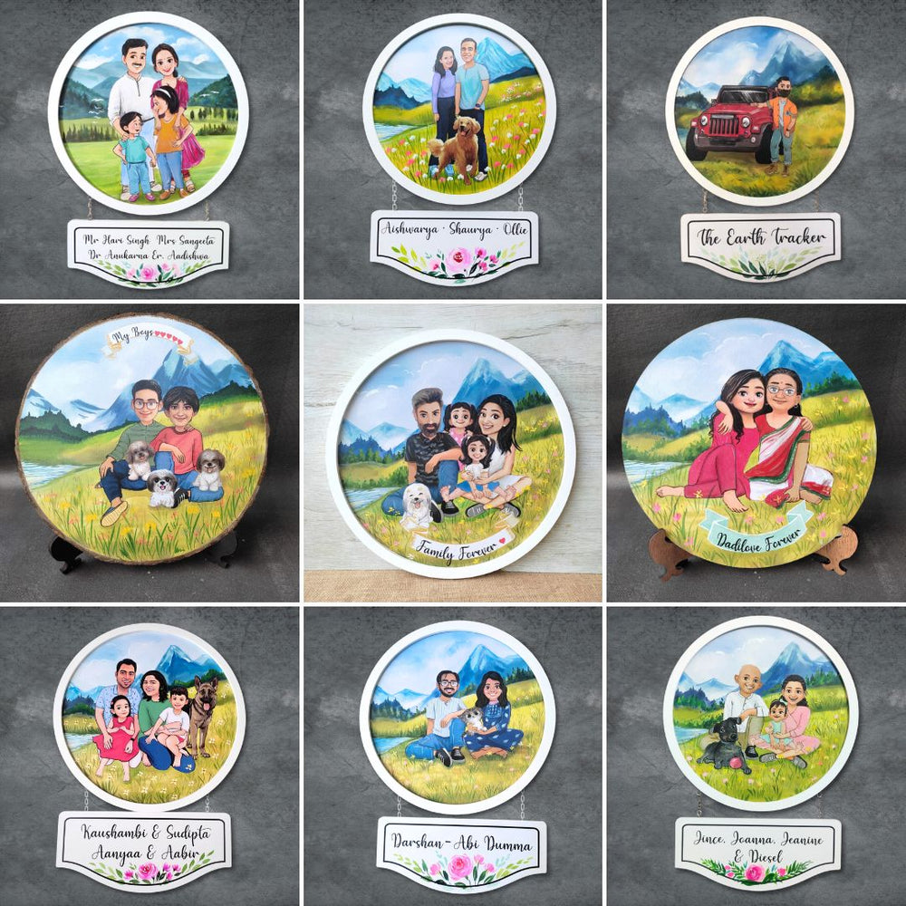 Photo Caricature Bark Nameplate With Stand For Couples With Pets 2 - Front View with Personalized Nameplates